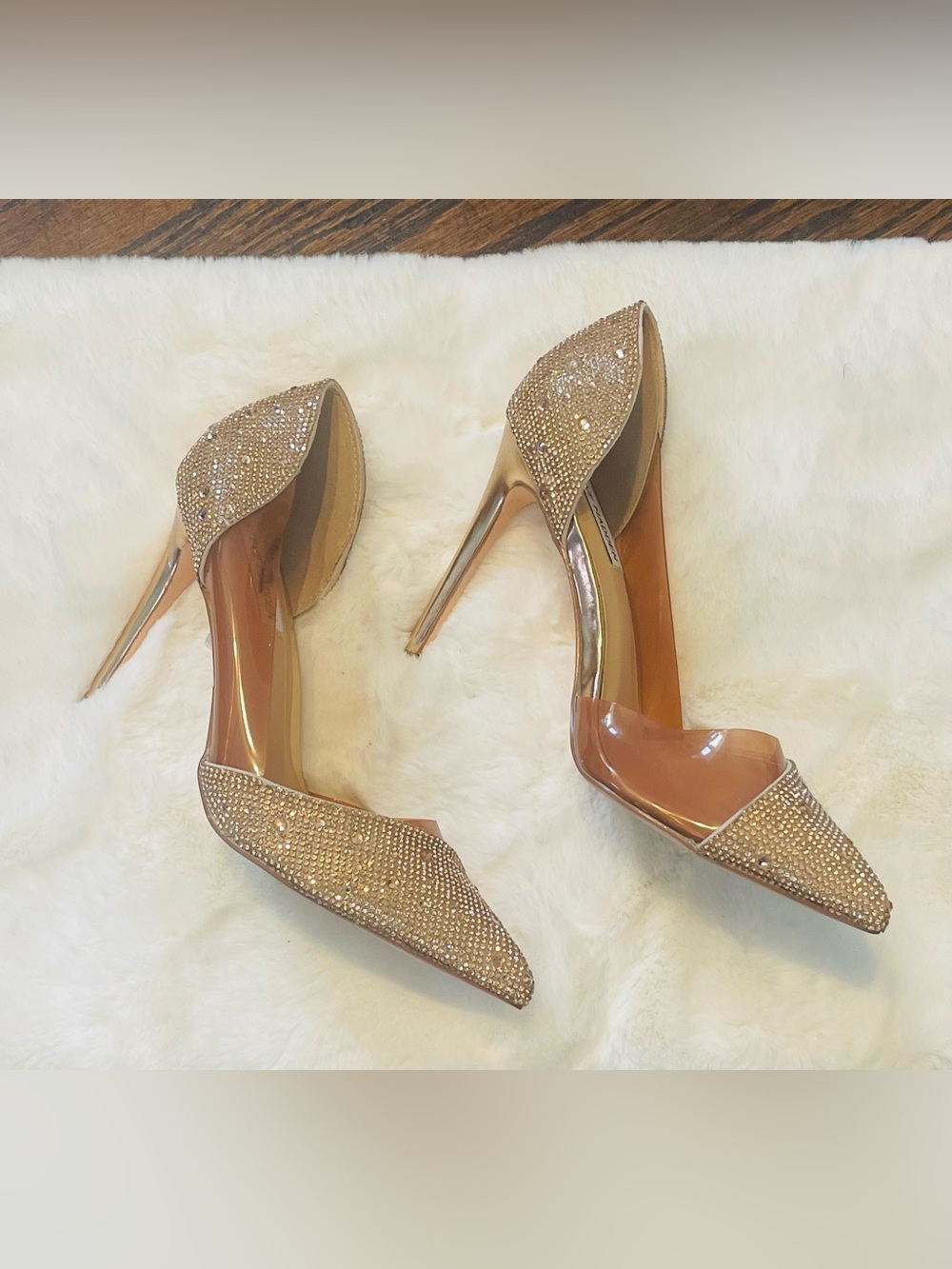 Steve Madden elegant gold Crystal Pointed-Toe Clear Panel Stiletto Heels - Picture 5 of 12